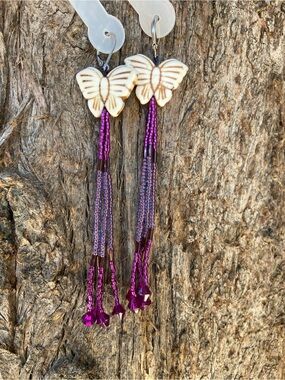 Handmade Butterfly Drop Earrings - Purple and Cream